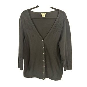 Kate Hill Women Large Cardigan Pointelle Knit Cotton Crochet Classic Prep Layers